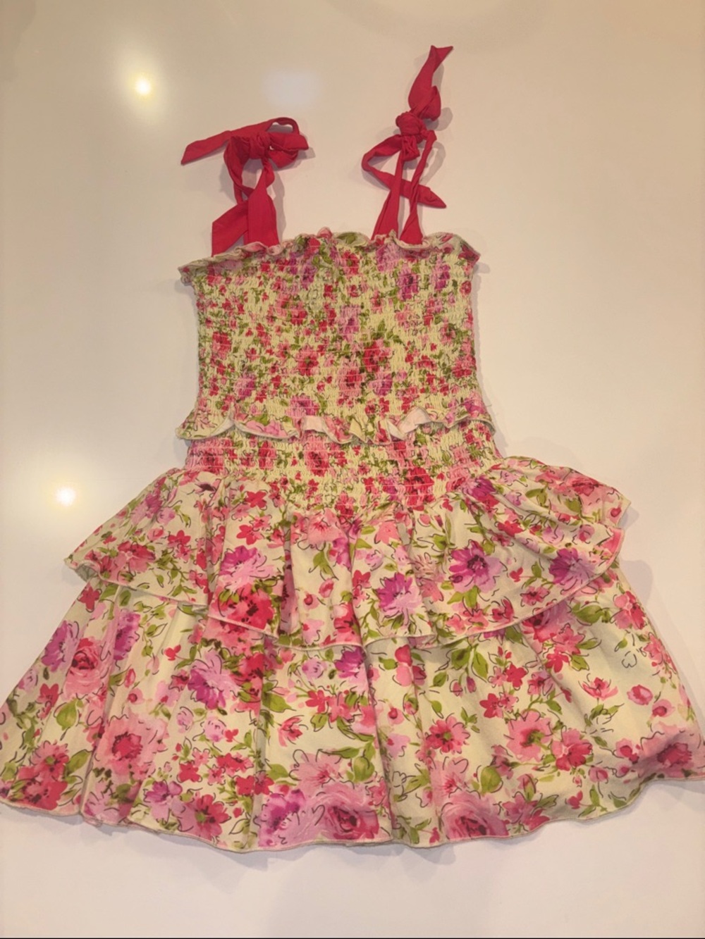 Katie J NYC Pink Tie Strap Floral Shirred Sundress Size M